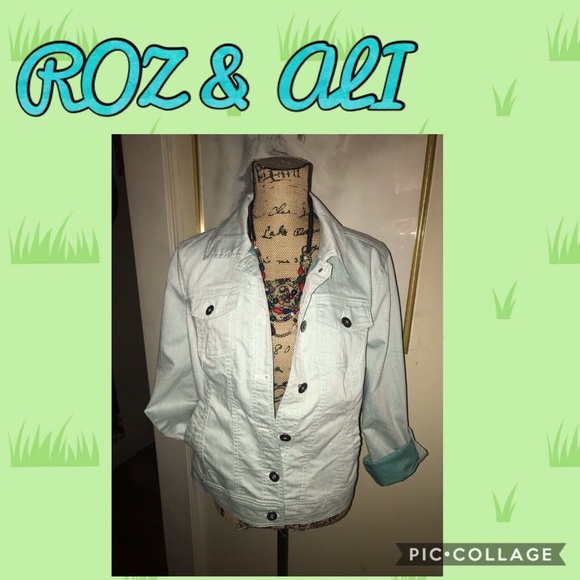 ROZ & ALI LIGHT GREEN DENIM JACKET~TRADITIONAL TRUCKER STYLE ~MEDIUM - Picture 4 of 5